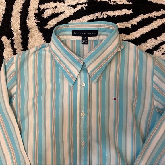 Tommy Hilfiger Button Down Striped Shirt Size  Medium Blue and White - Picture 2 of 8